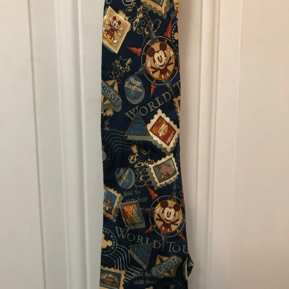 Vintage Disney Mickey Mouse World Tour Neck Tie Silk, Epcot, Animal Kingdom